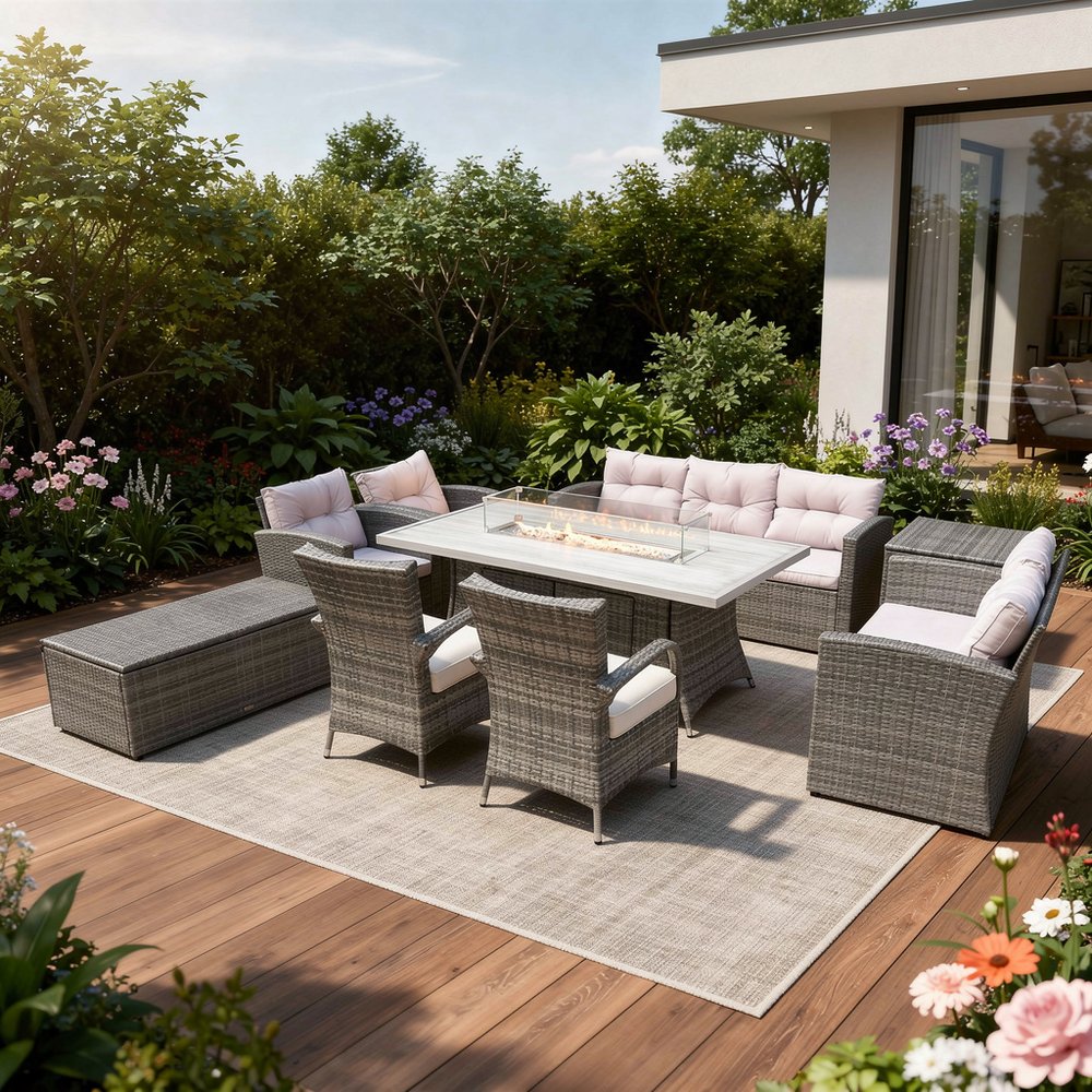 Nine Piece Gray Wicker Multiple Chairs Seating Group With Fire Pit And Table - SKU 479148