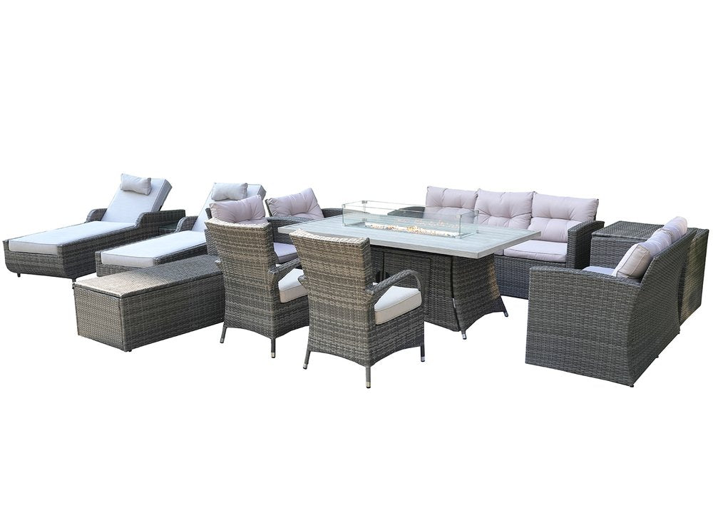 Twelve Piece Gray Wicker Multiple Chairs Seating Group With Fire Pit And Table - SKU 479149 on a white background