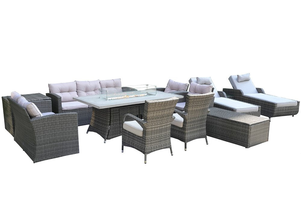 Twelve Piece Gray Wicker Multiple Chairs Seating Group With Fire Pit And Table - SKU 479149 on a white background