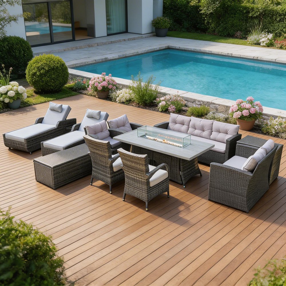 Twelve Piece Gray Wicker Multiple Chairs Seating Group With Fire Pit And Table - SKU 479149 in a home interior