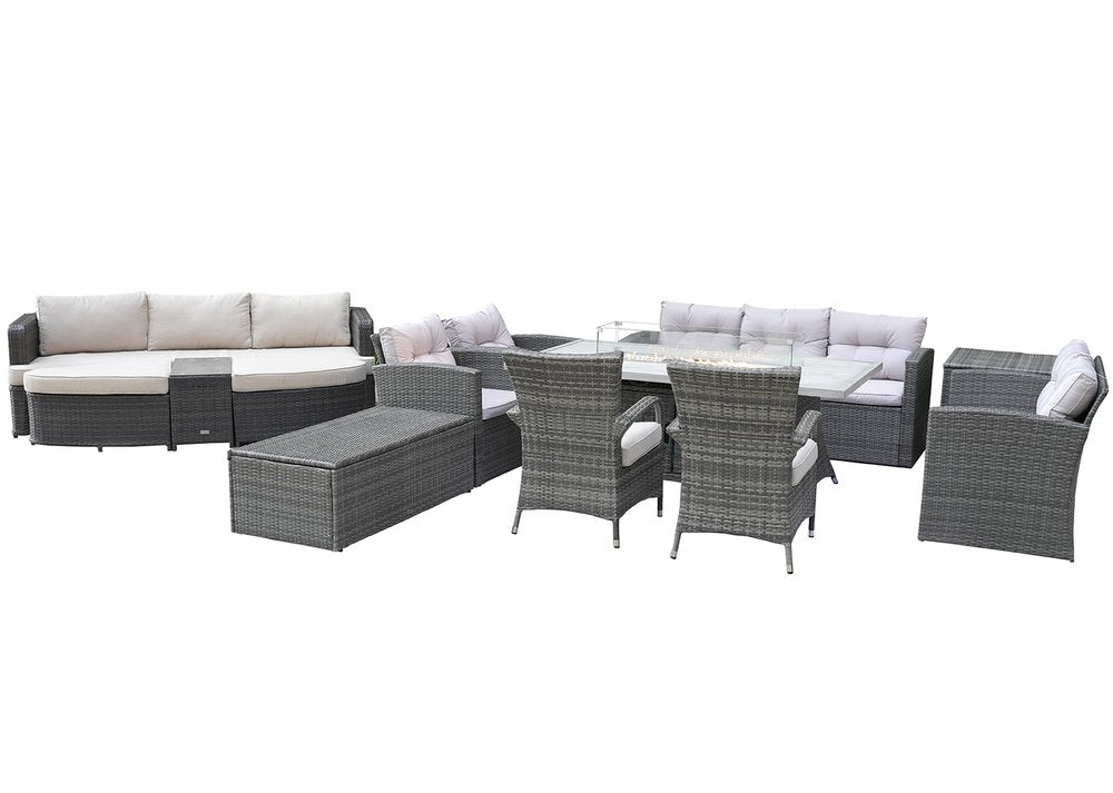 Eleven Piece Gray Wicker Multiple Chairs Seating Group With Fire Pit And Table
