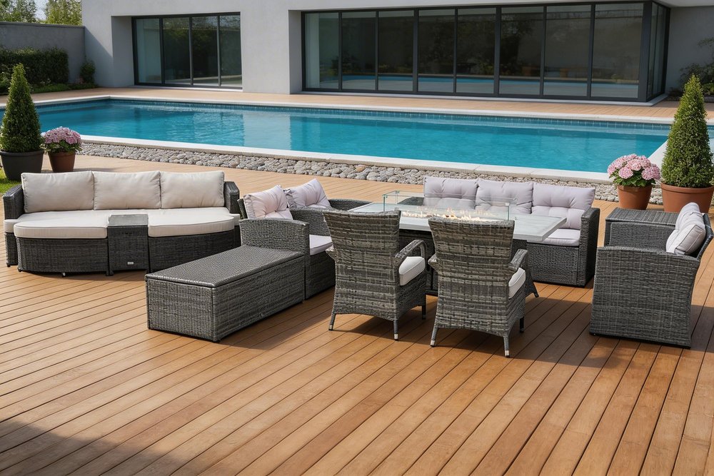 Eleven Piece Gray Wicker Multiple Chairs Seating Group With Fire Pit And Table