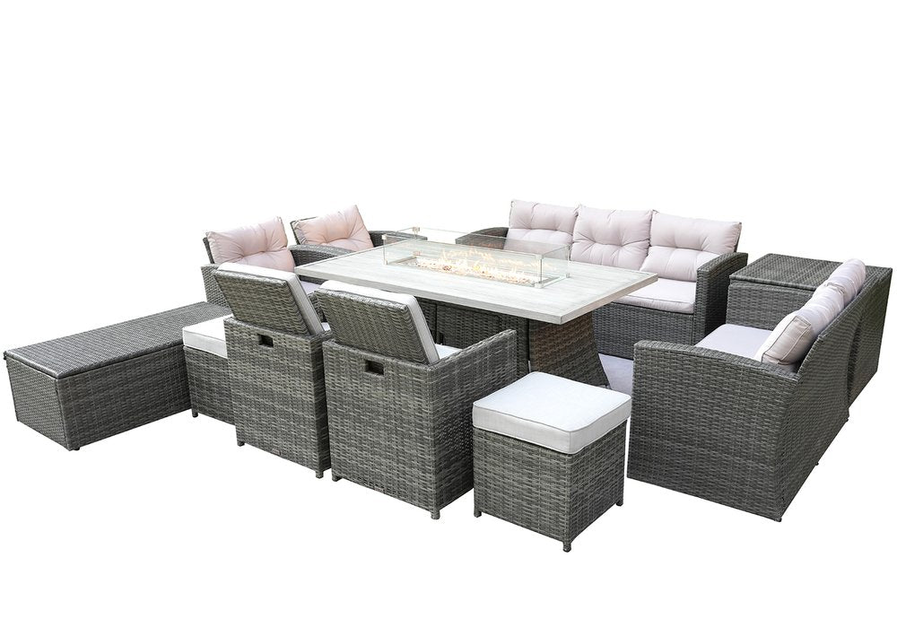 Eleven Piece Gray Wicker Multiple Chairs Seating Group With Fire Pit And Table
