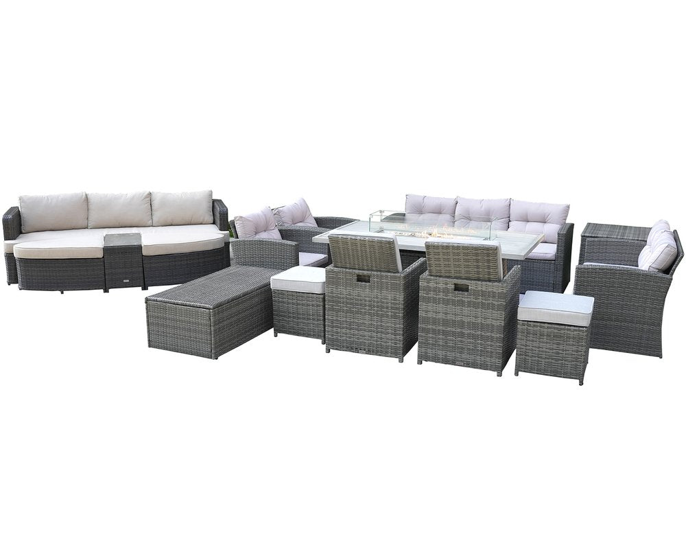 Gray wicker outdoor seating group with multiple chairs, a fire pit table, and a sofa on a white background.
