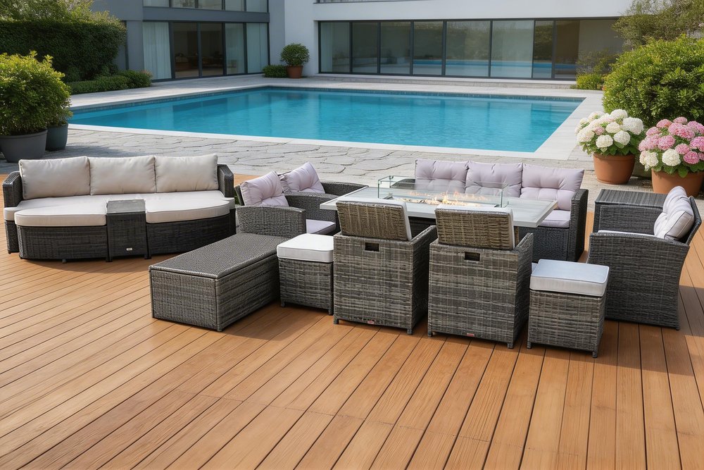 Twelve Piece Gray Wicker Multiple Chairs Seating Group With Fire Pit And Table - SKU 479152
