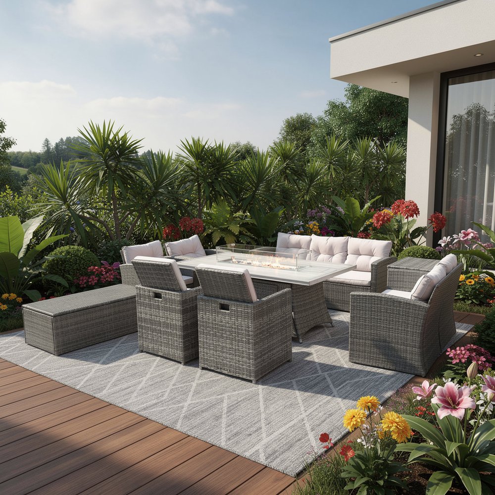 Nine Piece Gray Wicker Multiple Chairs Seating Group With Fire Pit And Table - 75" H x 43" W x 40" D