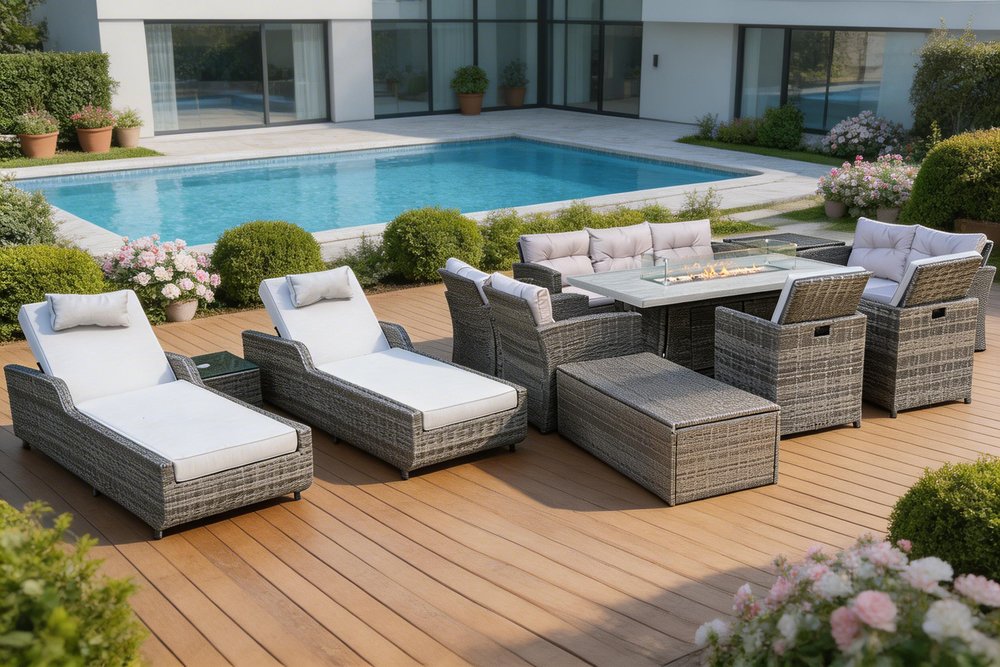 Twelve Piece Gray Wicker Multiple Chairs Seating Group With Fire Pit And Table - SKU 479154