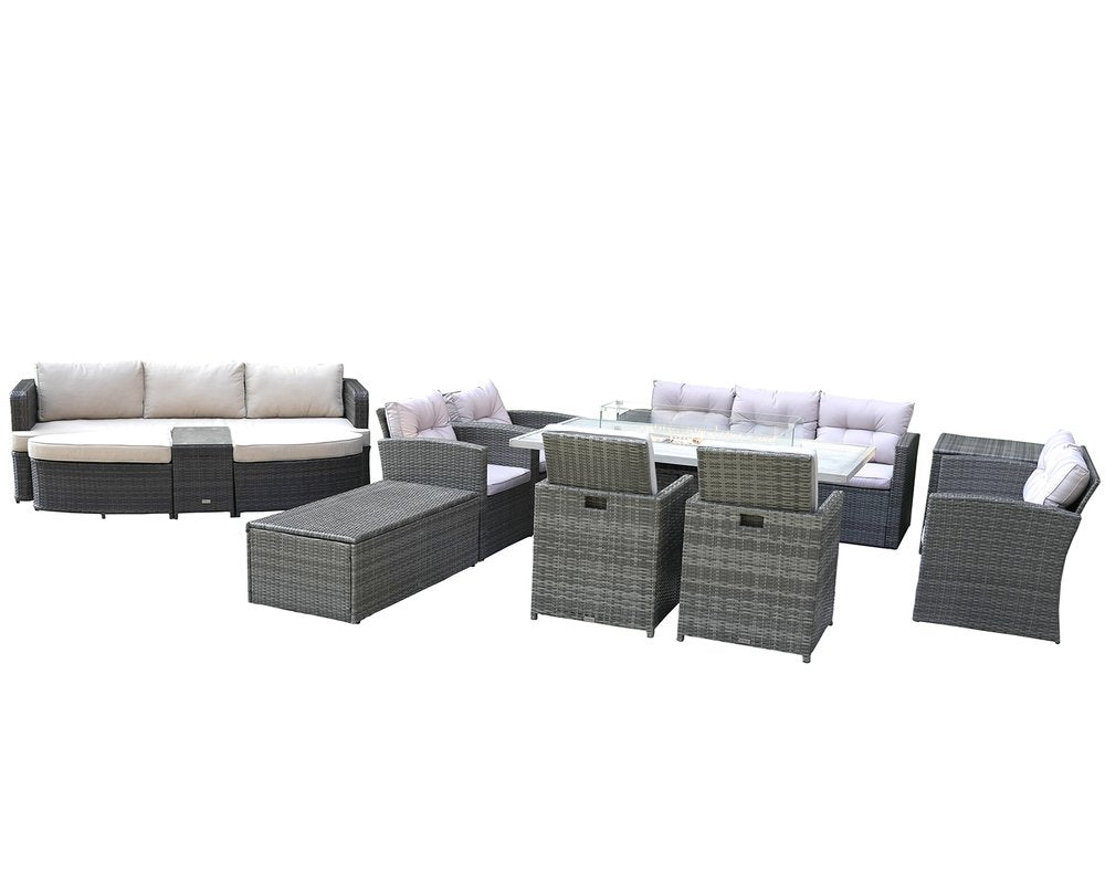 Eleven Piece Gray Wicker Multiple Chairs Seating Group With Fire Pit And Table