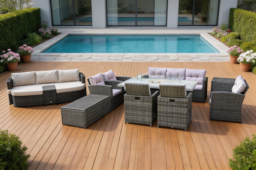 Eleven Piece Gray Wicker Multiple Chairs Seating Group With Fire Pit And Table
