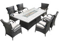 Seven Piece Gray and Beige Wicker Multiple Chairs Seating Group With Fire Pit And Table on a white background