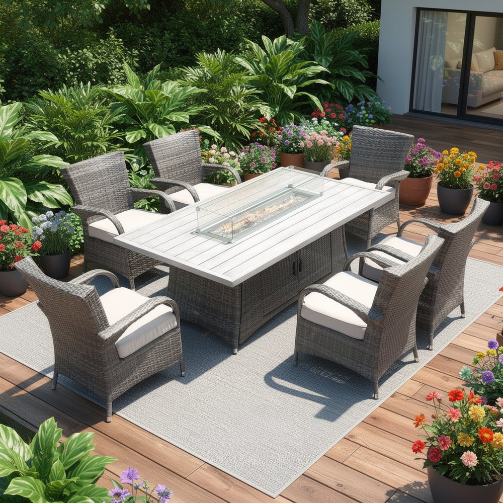 Seven Piece Gray and Beige Wicker Multiple Chairs Seating Group With Fire Pit And Table