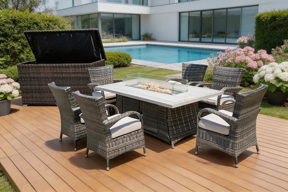 Eight Piece Gray Wicker Multiple Chairs Seating Group With Fire Pit And Table