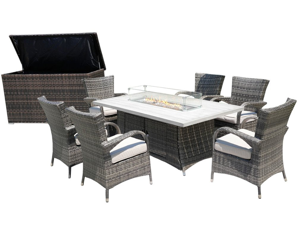 Eight Piece Gray Wicker Multiple Chairs Seating Group With Fire Pit And Table