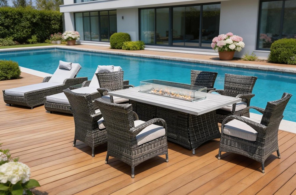 Ten Piece Gray Wicker Multiple Chairs Seating Group With Fire Pit And Table - 17.7" H x 77.9" W x 28.7" D