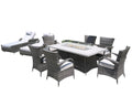 Ten Piece Gray Wicker Multiple Chairs Seating Group With Fire Pit And Table - 17.7" H x 77.9" W x 28.7" D on a white background