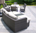 Nine Piece Gray Wicker Multiple Chairs Seating Group With Fire Pit And Table - with Symmetrical Sectional in a home interior