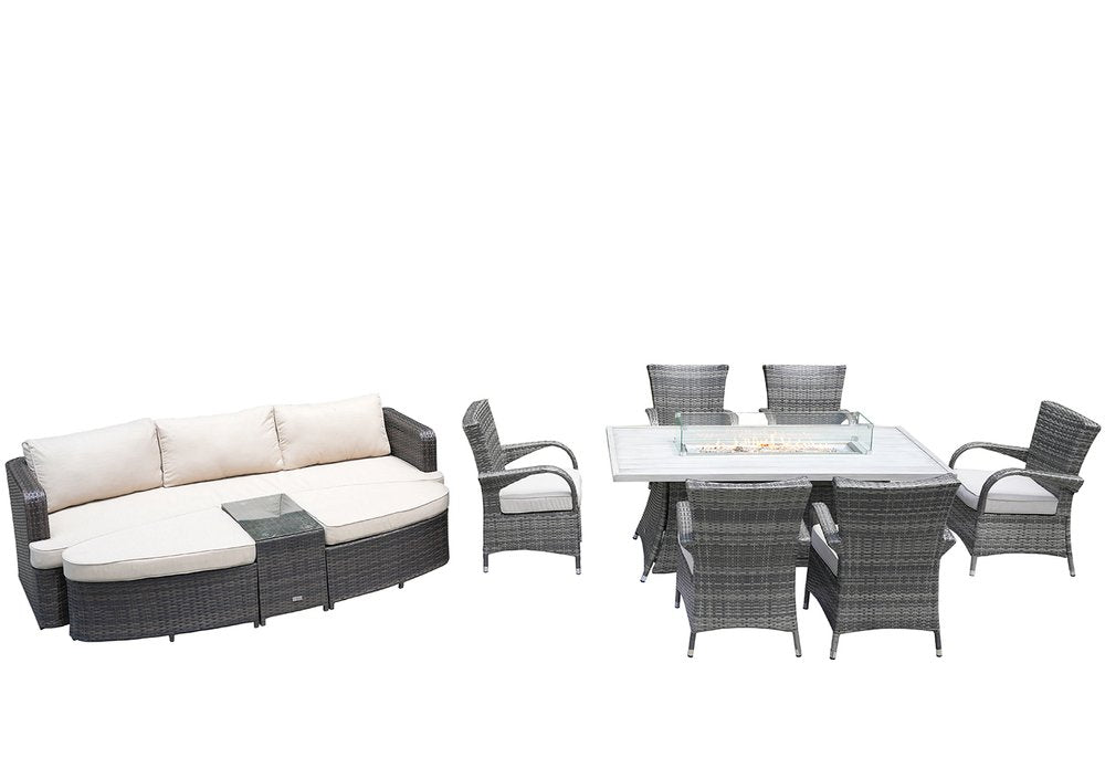 Nine Piece Gray Wicker Multiple Chairs Seating Group With Fire Pit And Table - with Symmetrical Sectional