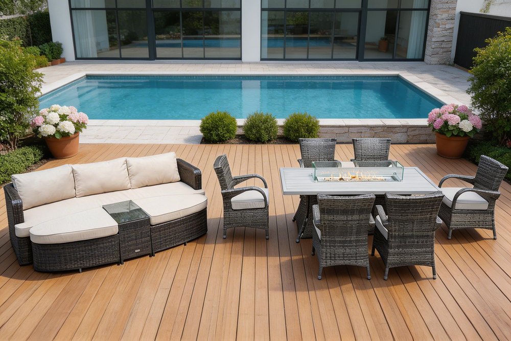 Nine Piece Gray Wicker Multiple Chairs Seating Group With Fire Pit And Table - with Symmetrical Sectional