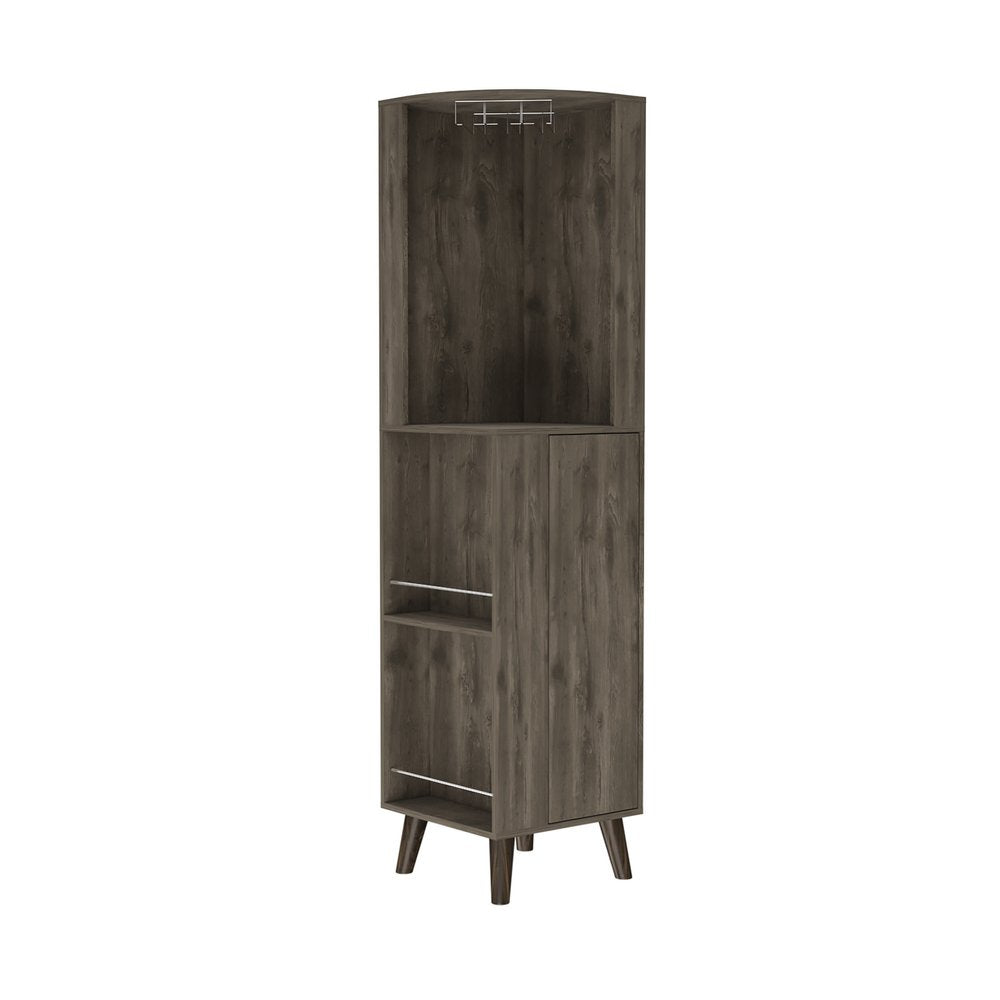73" Dark Brown Wood Corner Bar Cabinet With One Drawer on a white background