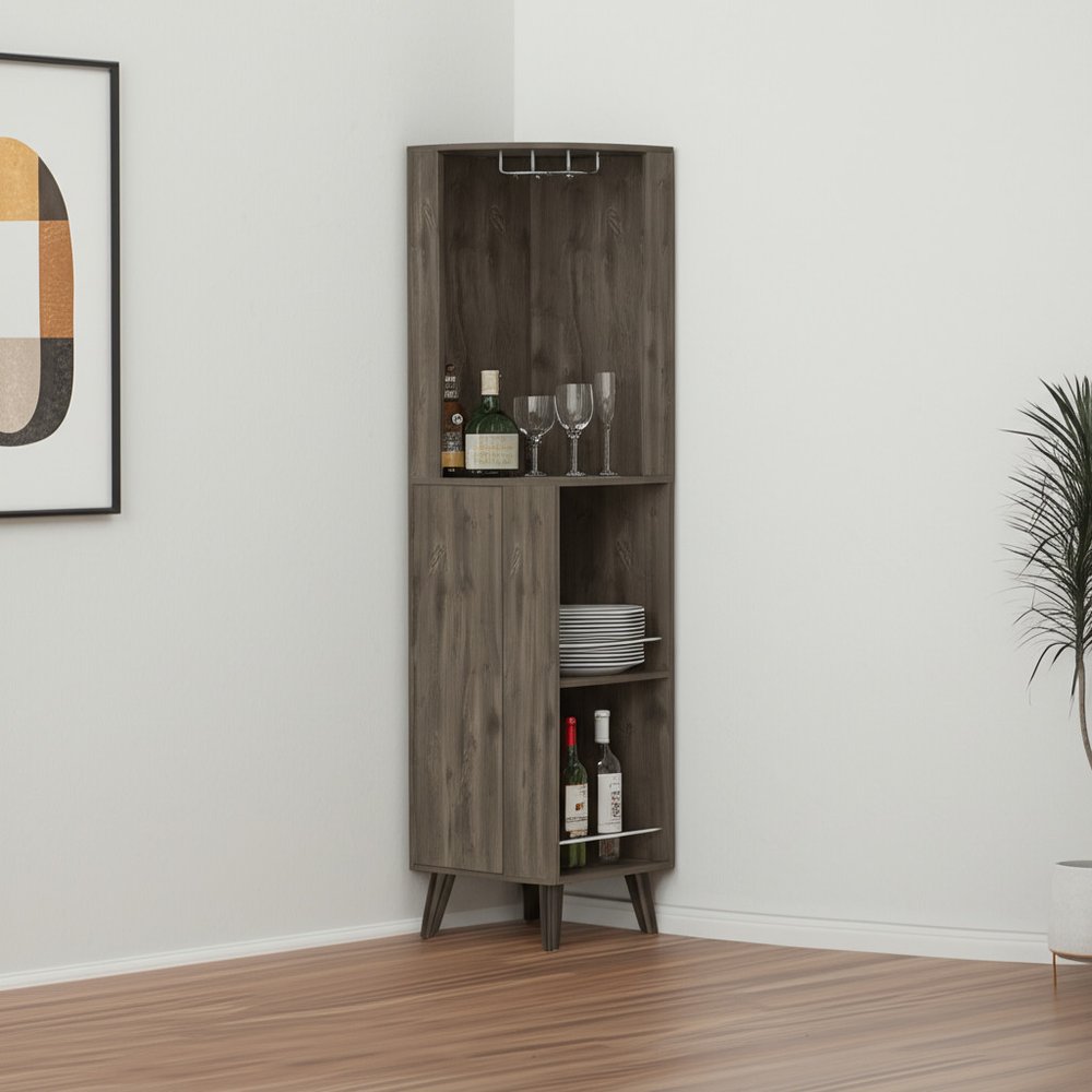73" Dark Brown Wood Corner Bar Cabinet With One Drawer in a home interior