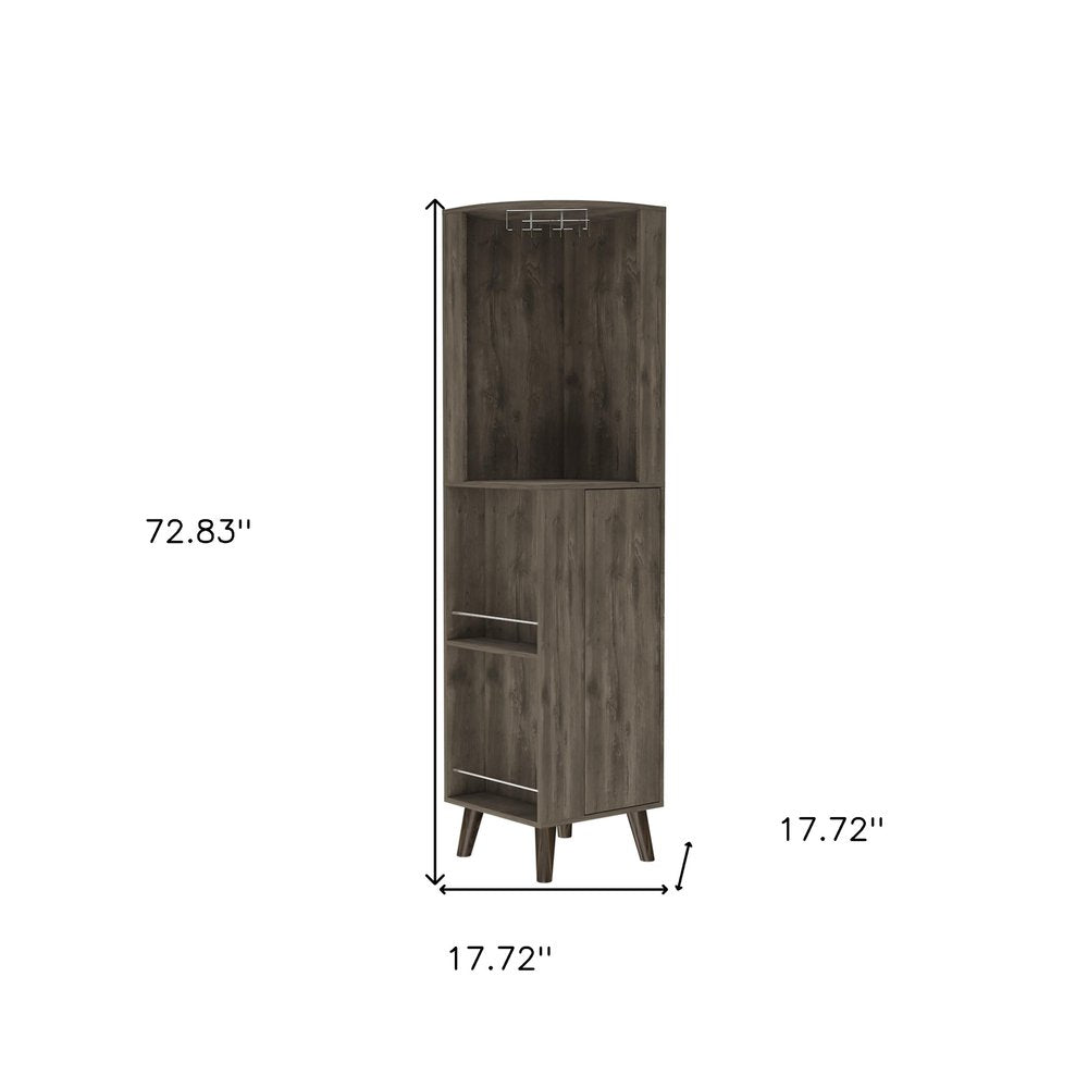 73" Dark Brown Wood Corner Bar Cabinet With One Drawer on a white background