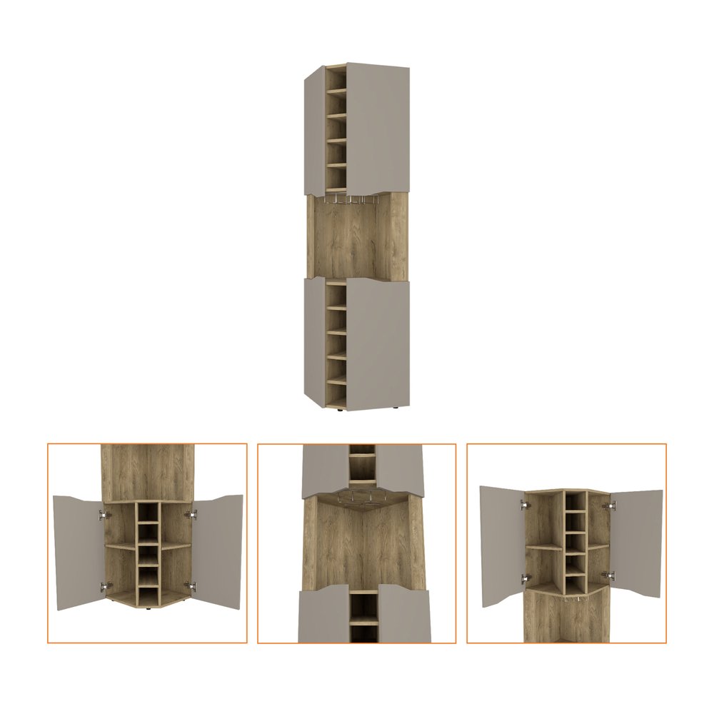 72" Brown and Taupe Wood Corner Bar Cabinet With Four Doors on a white background