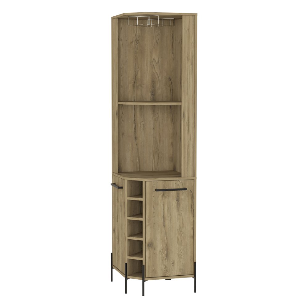 Corner bar cabinet in natural wood finish with wine rack and two doors, on black metal legs, against a white background.