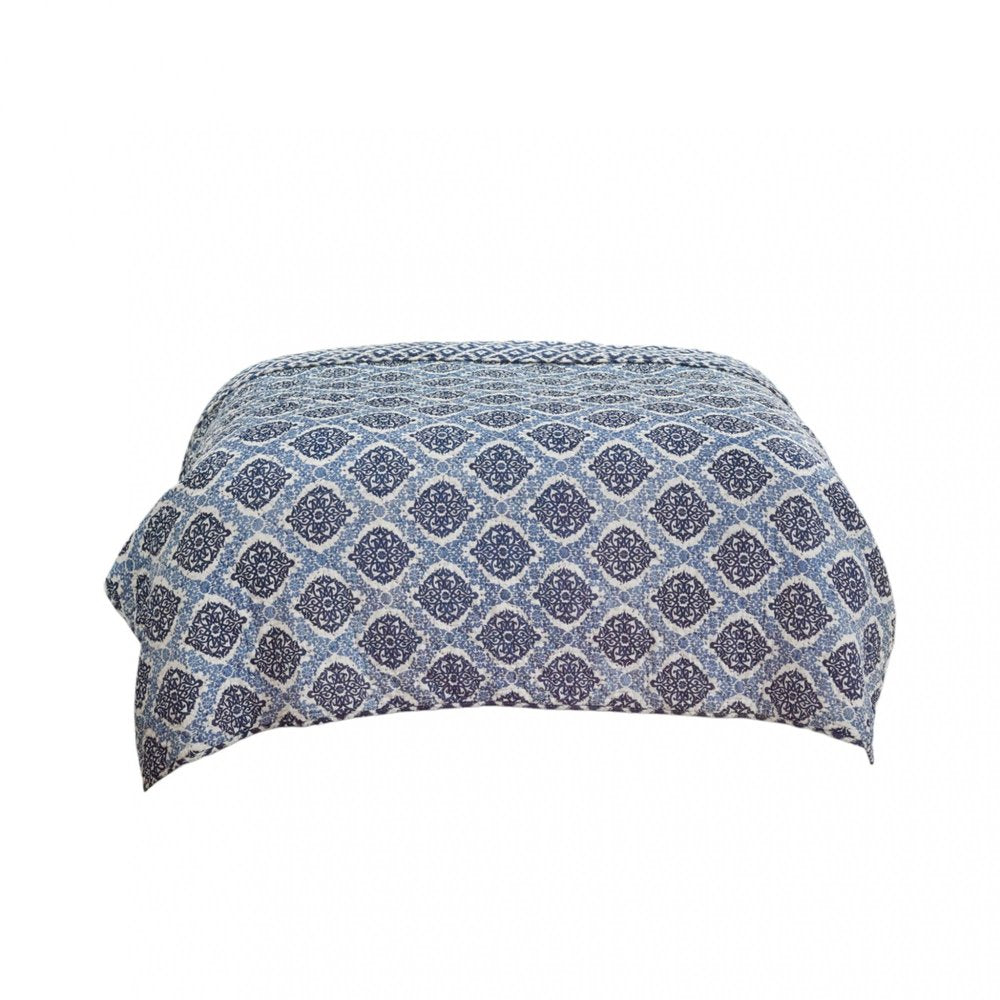 Blue And Ivory Damask Queen Quilt