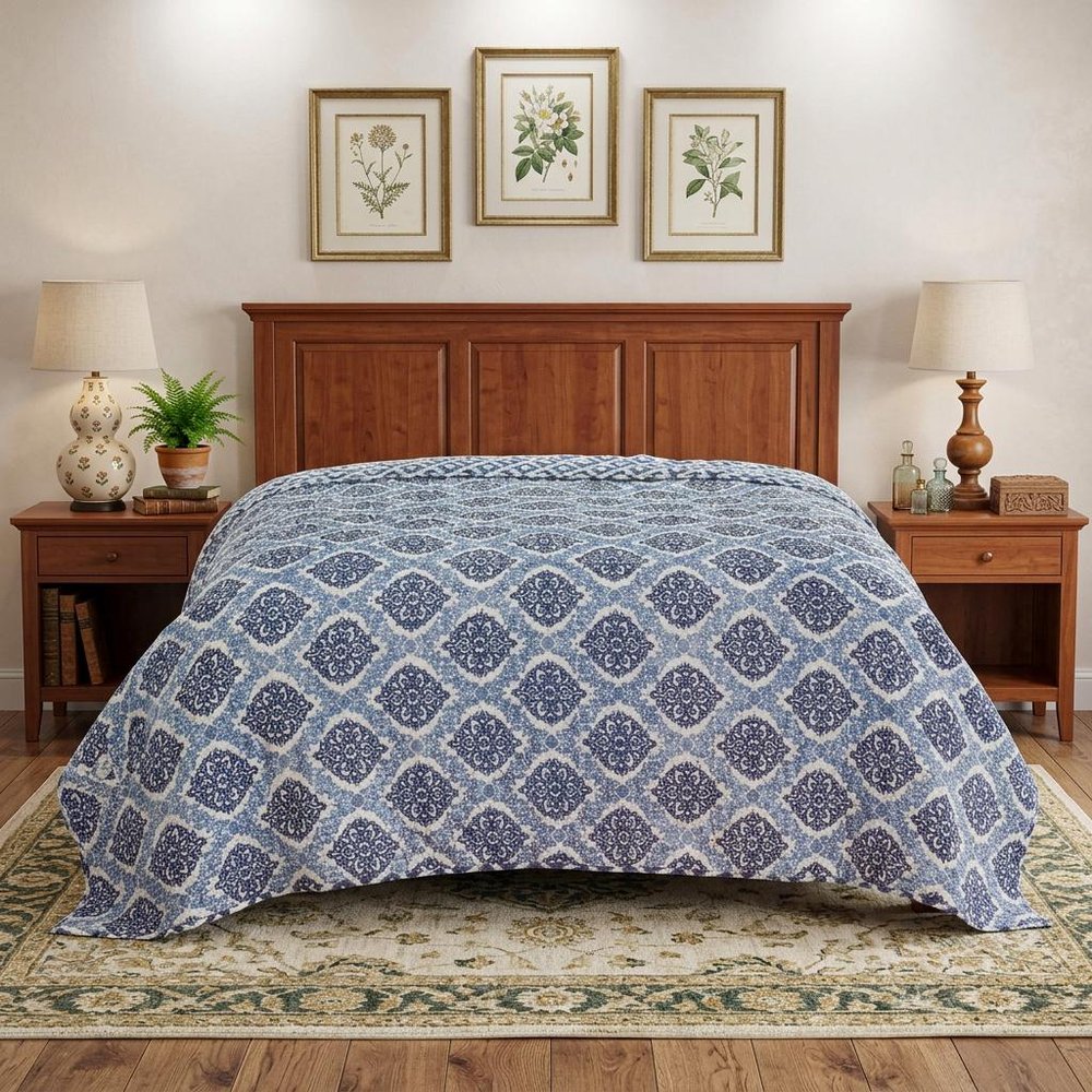 Blue And Ivory Damask Queen Quilt in a home interior