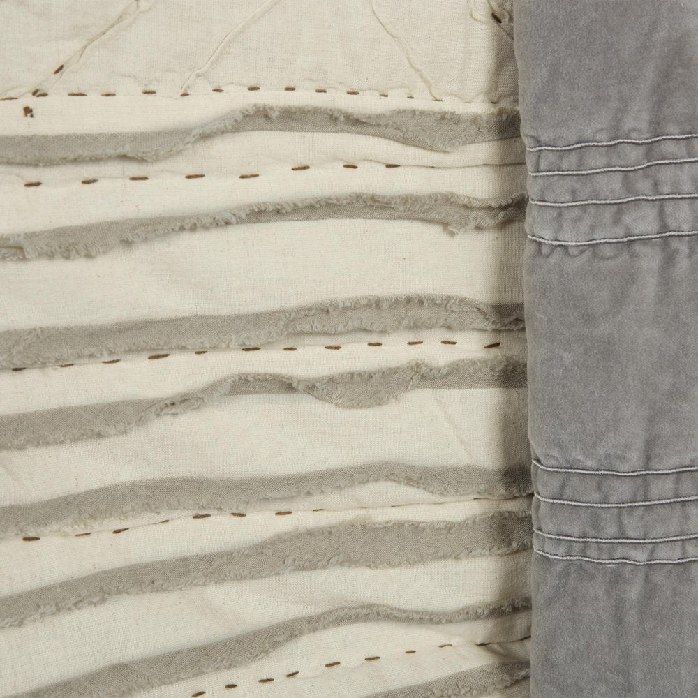 Ivory Geometric King Kantha Stitch Quilt With Shams close-up detail