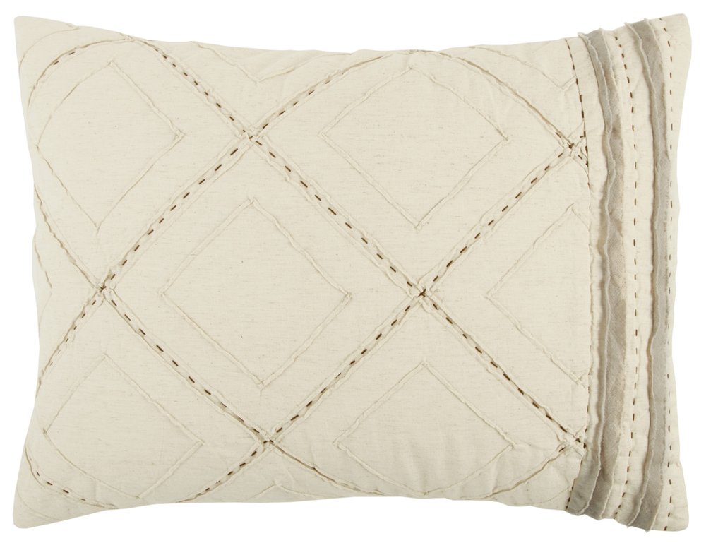 Ivory Geometric King Kantha Stitch Quilt With Shams on a white background