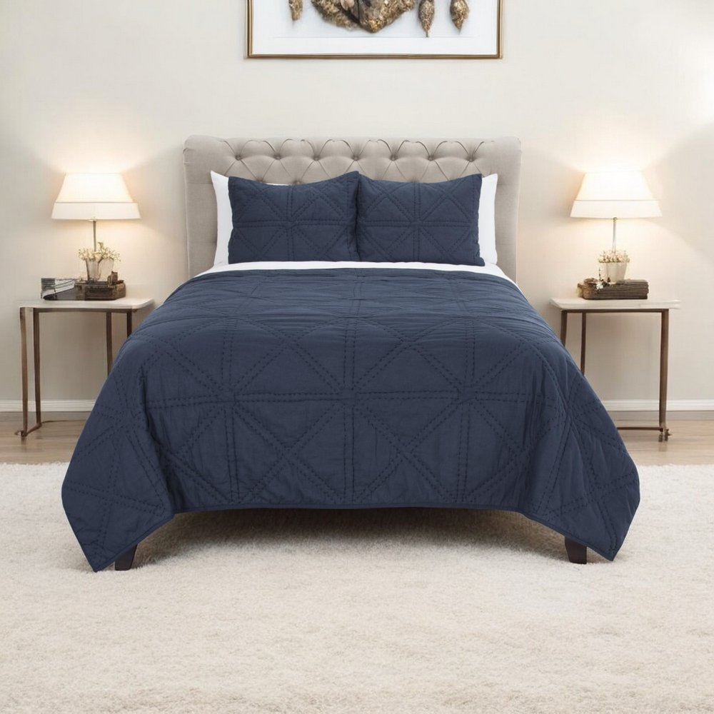 Set of Three Indigo Geometric King Quilt on a white background
