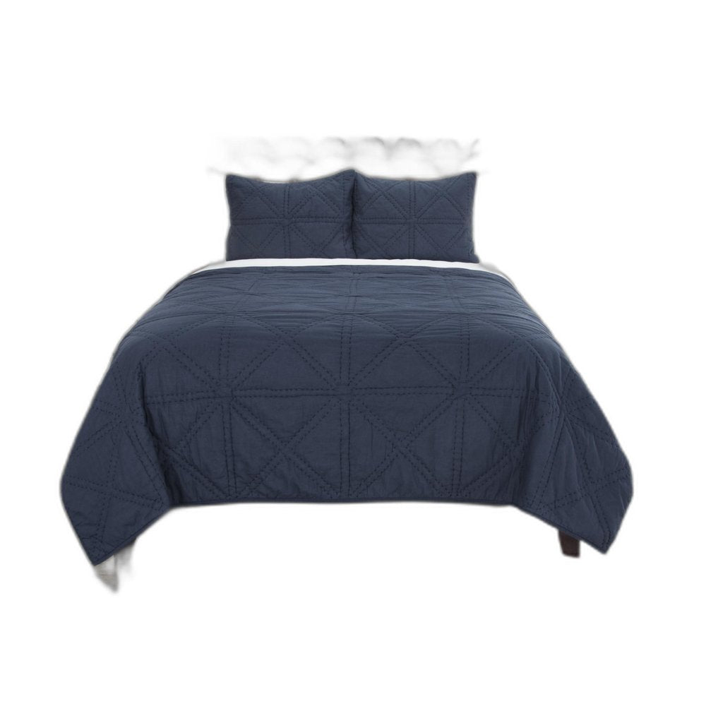 Set of Three Indigo Geometric King Quilt on a white background