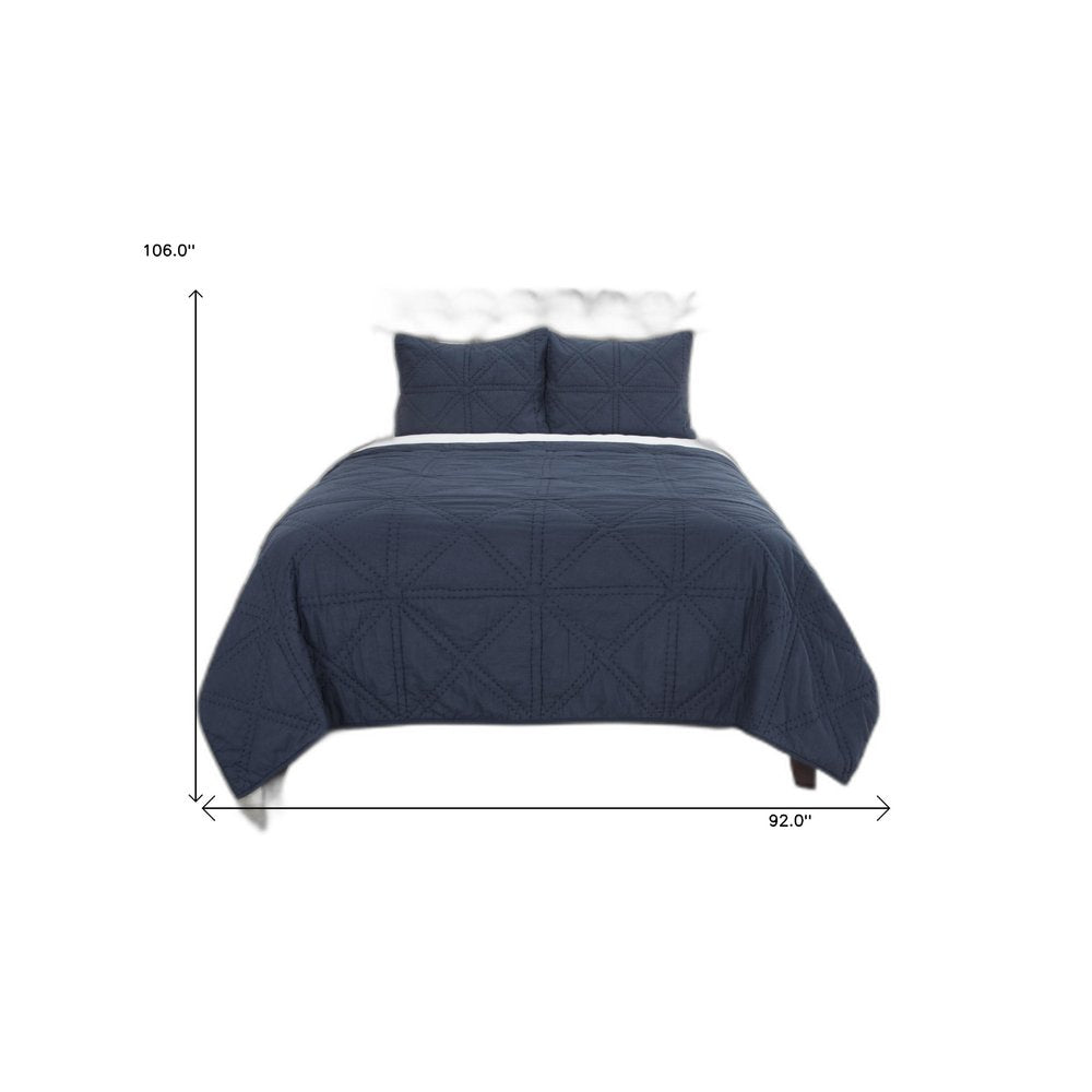 Set of Three Indigo Geometric King Quilt on a white background