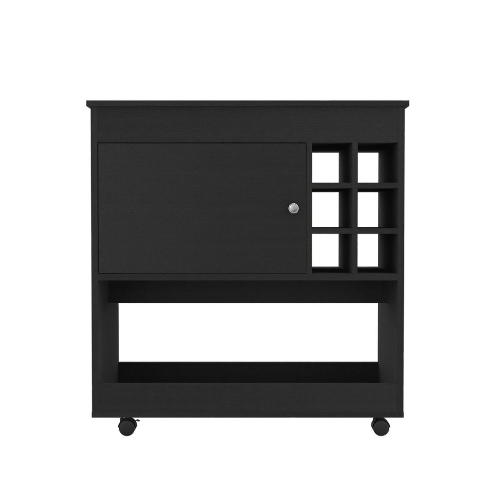Black Rolling Bar Cart With Wine Storage on a white background