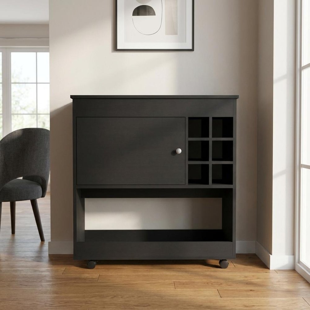 Black Rolling Bar Cart With Wine Storage