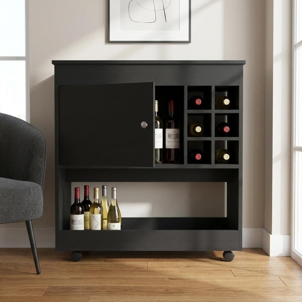 Black Rolling Bar Cart With Wine Storage close-up detail