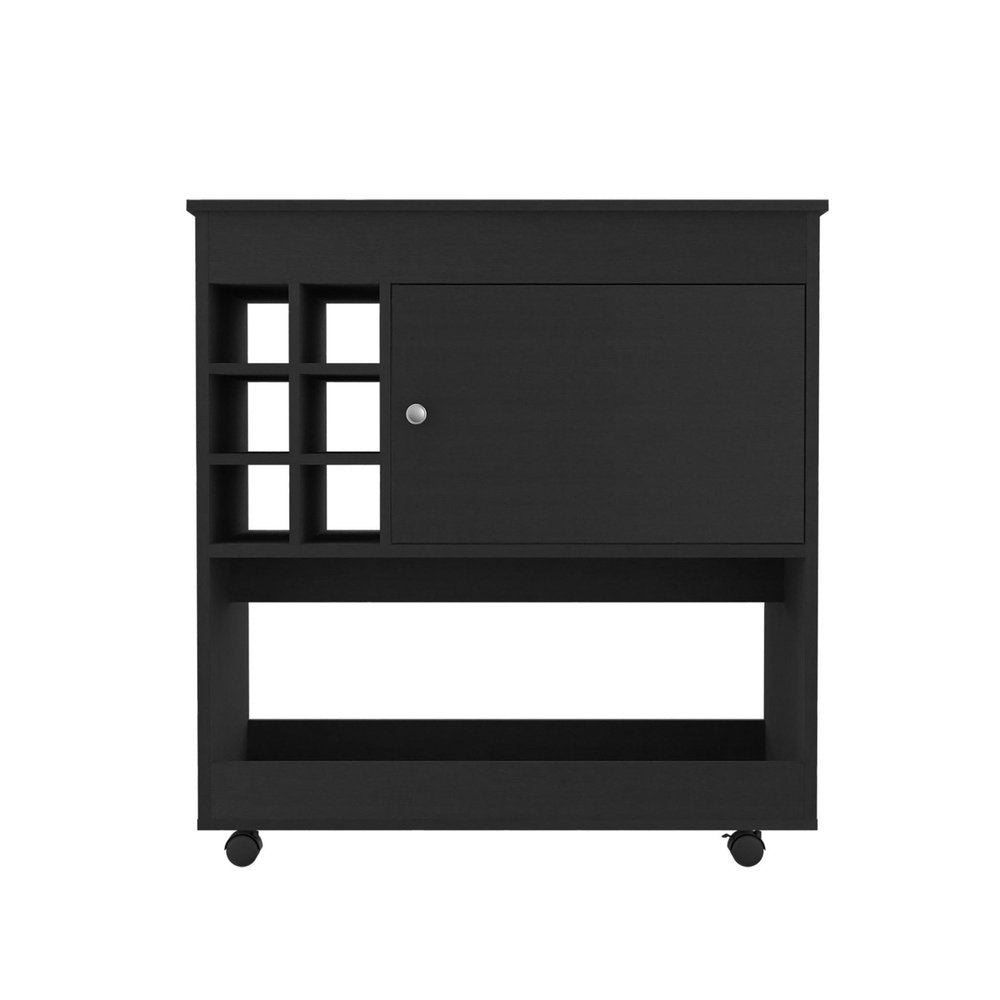 Black Rolling Bar Cart With Wine Storage on a white background