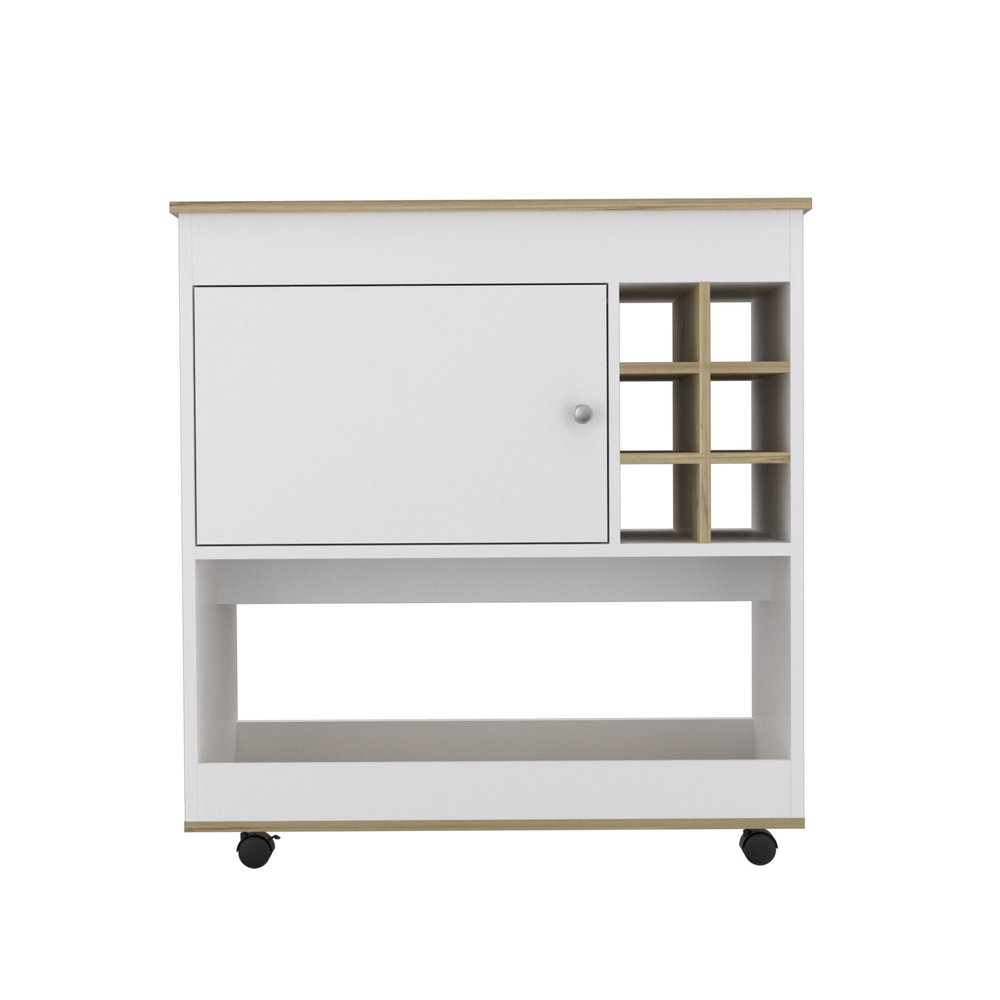 White and wood bar cart with a cabinet and wine cubbies on wheels against a white background.