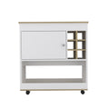 Brown and White Rolling Bar Cart With Wine Storage on a white background
