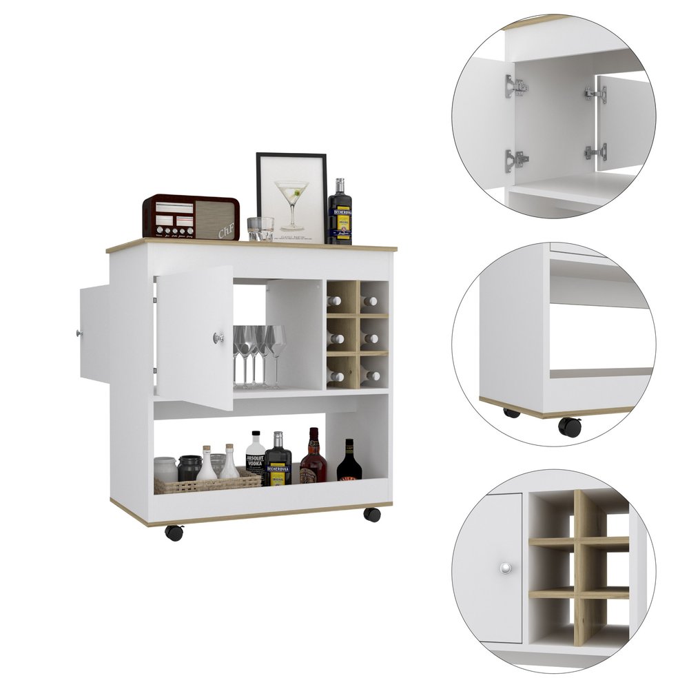 Brown and White Rolling Bar Cart With Wine Storage on a white background