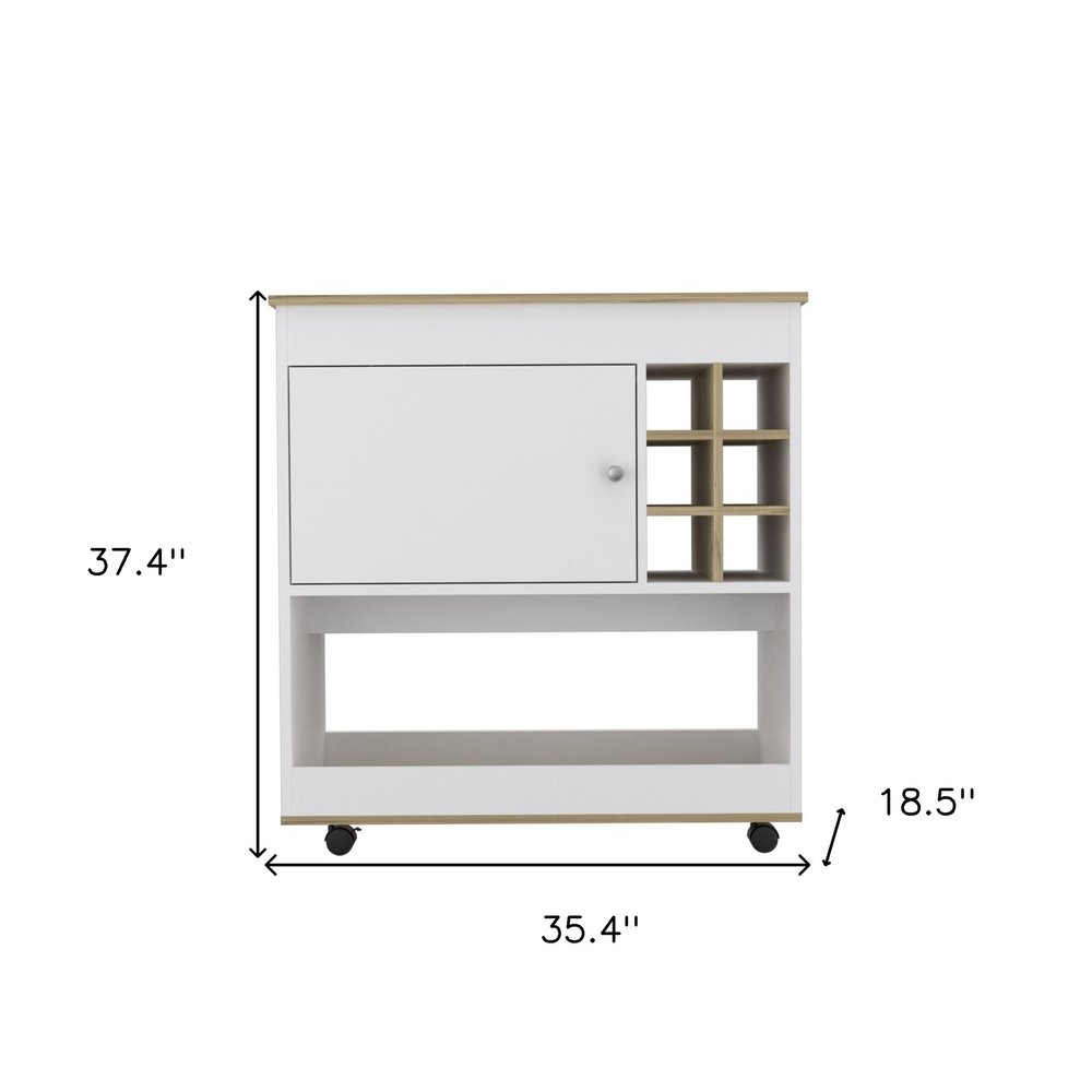 Brown and White Rolling Bar Cart With Wine Storage on a white background