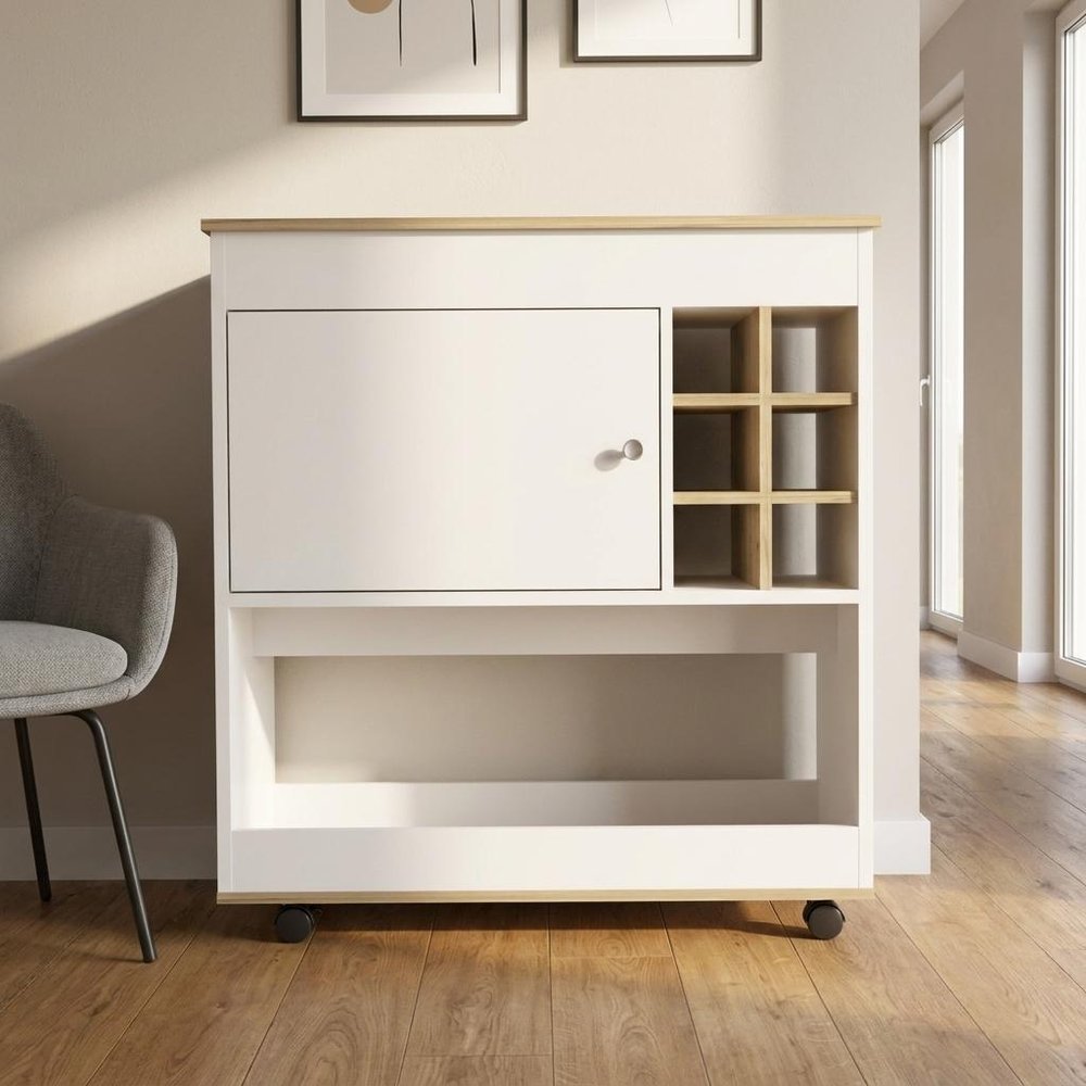 Brown and White Rolling Bar Cart With Wine Storage