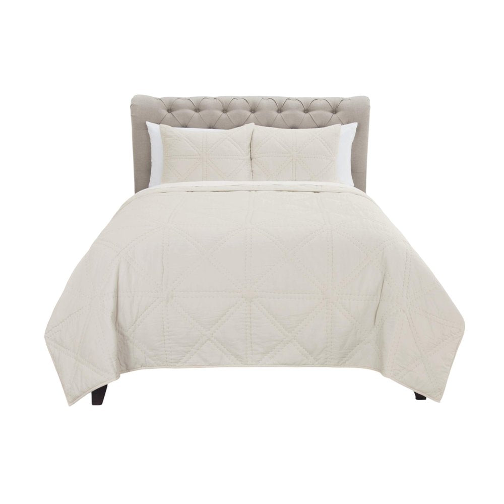 Set of Three Ivory Geometric King Quilt on a white background