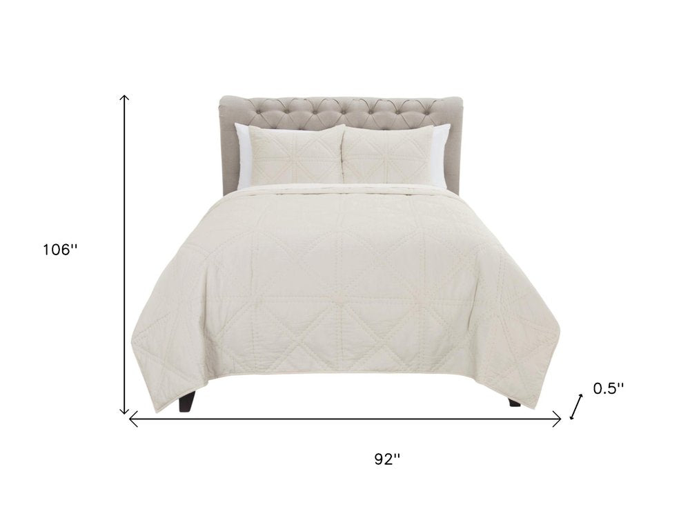 Set of Three Ivory Geometric King Quilt on a white background