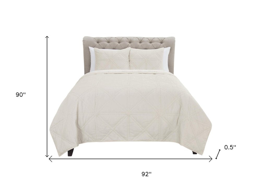 Set of Three Ivory Geometric Queen Quilt on a white background
