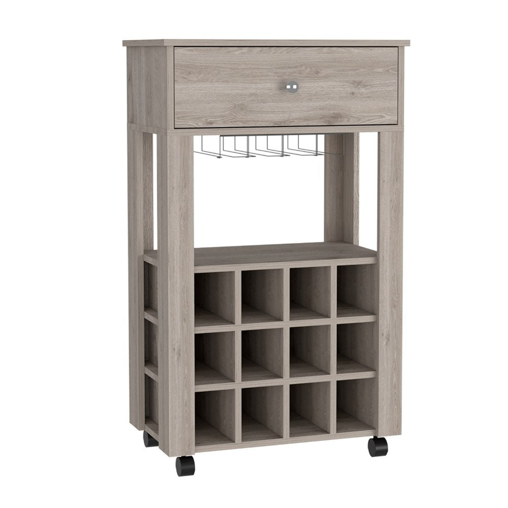 Light gray rolling bar cart with a drawer, wine glass rack, and 12 cubbies for wine bottles on a white background.