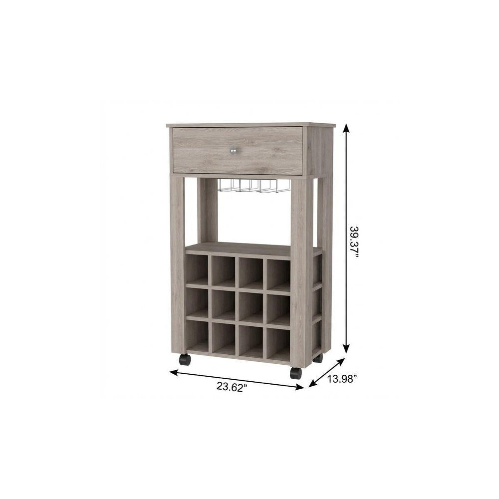 Light Gray Rolling Bar Cart With Wine Storage - with Display Stand Cabinet Design