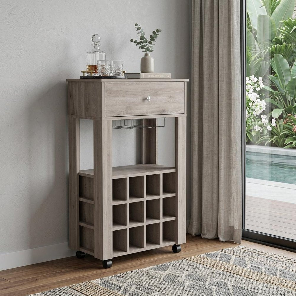 Light Gray Rolling Bar Cart With Wine Storage - with Display Stand Cabinet Design