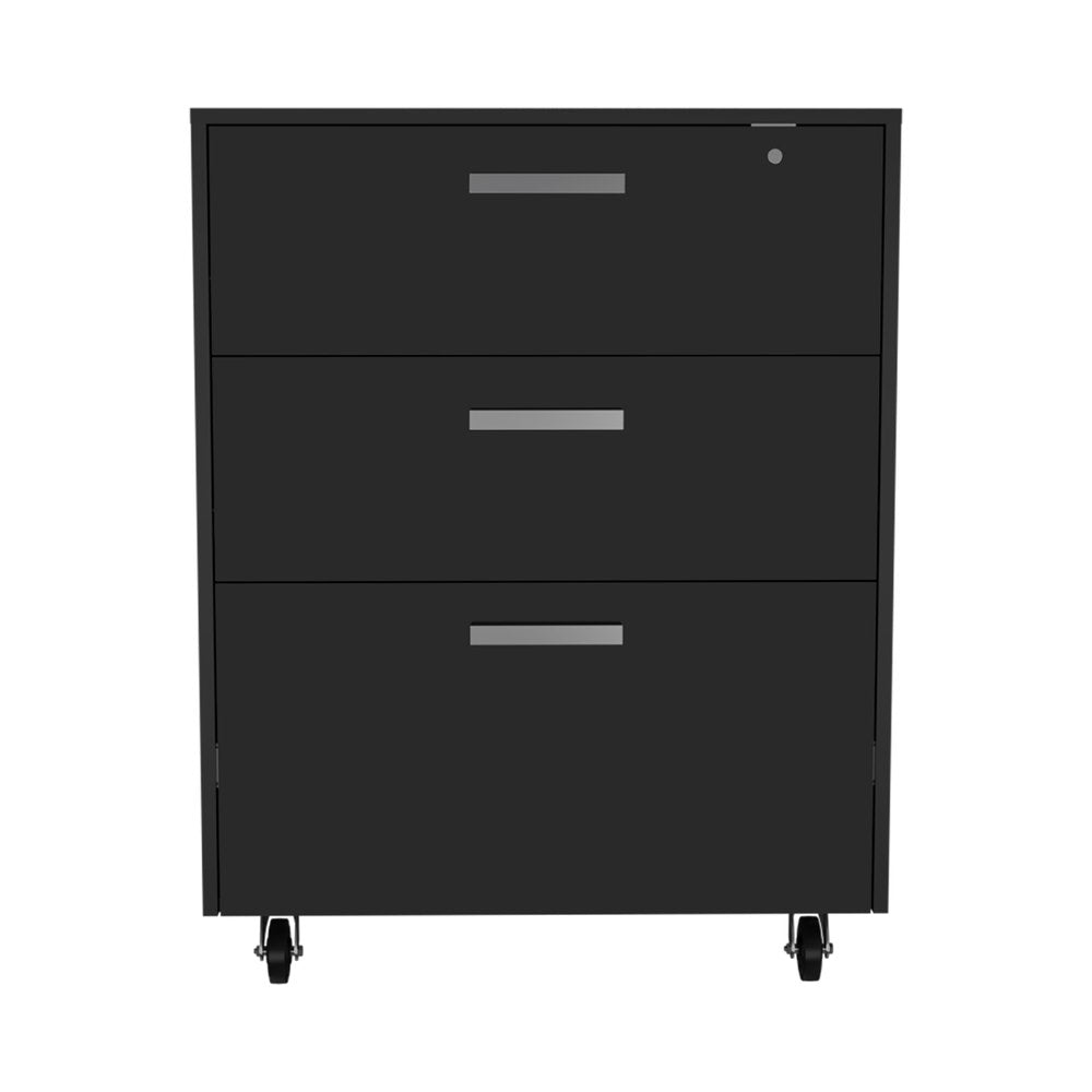 Black three-drawer filing cabinet with silver handles and casters, on a white background.